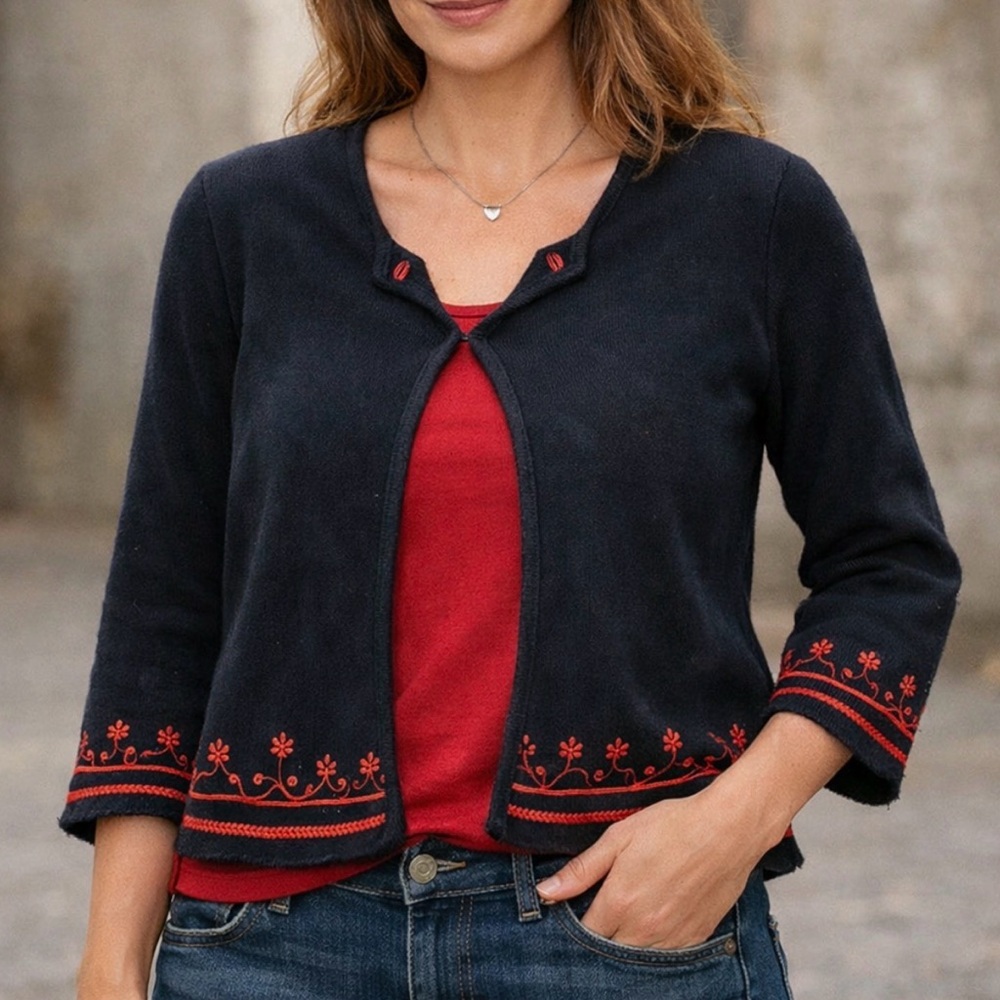 Vintage CLIO Black Silk Cotton Ted Beaded Embroidered Cardigan Sweater Size L